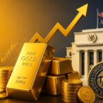 Gold bars displayed as global gold prices remain near a two-week high amid easing Fed rate hike expectations