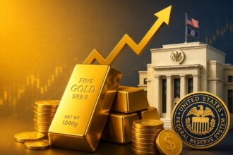 Gold bars displayed as global gold prices remain near a two-week high amid easing Fed rate hike expectations