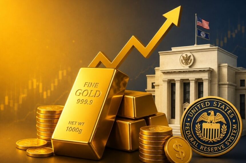 Gold bars displayed as global gold prices remain near a two-week high amid easing Fed rate hike expectations