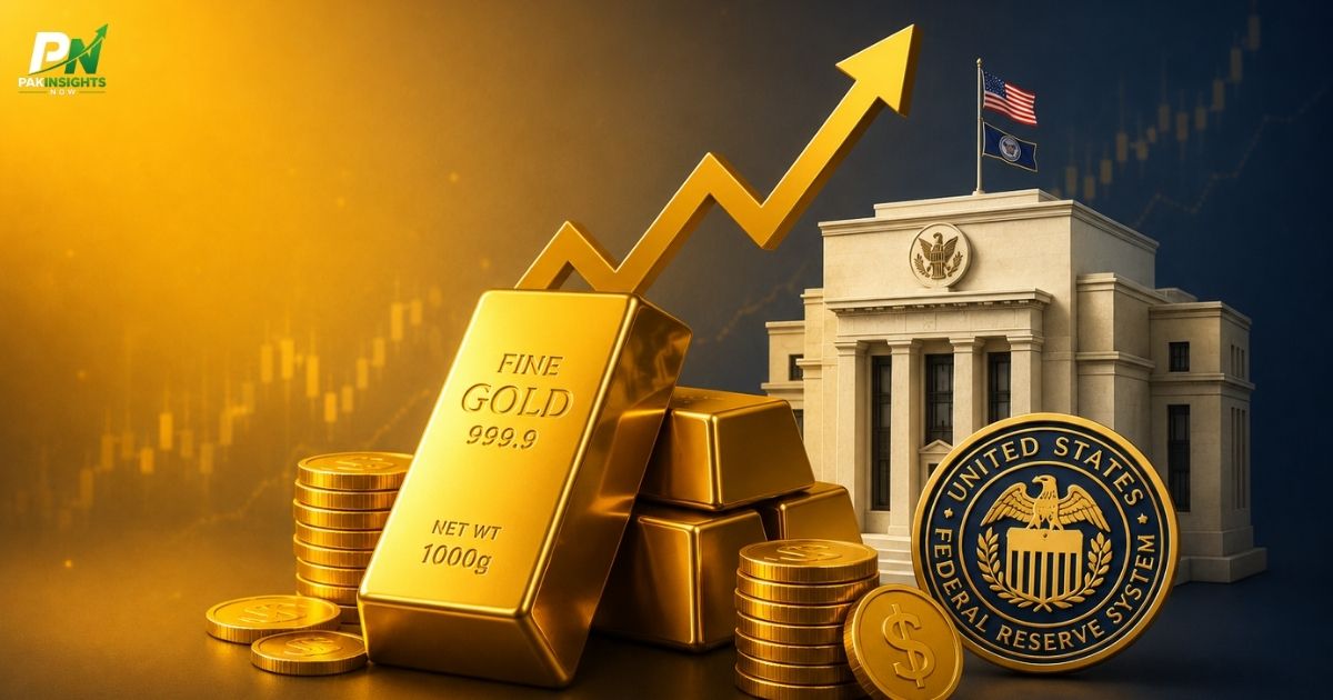 Gold bars displayed as global gold prices remain near a two-week high amid easing Fed rate hike expectations
