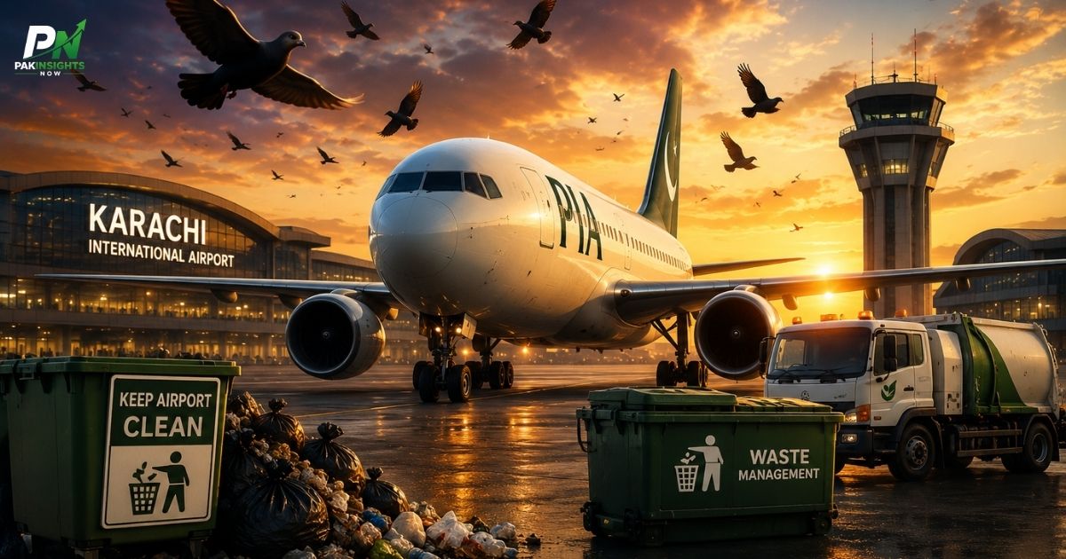 Workers remove garbage near Jinnah International Airport under Karachi Airport Bird Strike Prevention campaign.